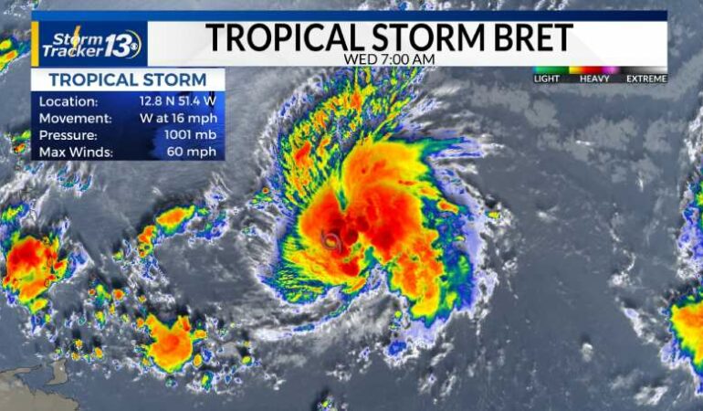 The Caribbean is being battered by Tropical Storm Bret, which brings strong winds and torrential rain.